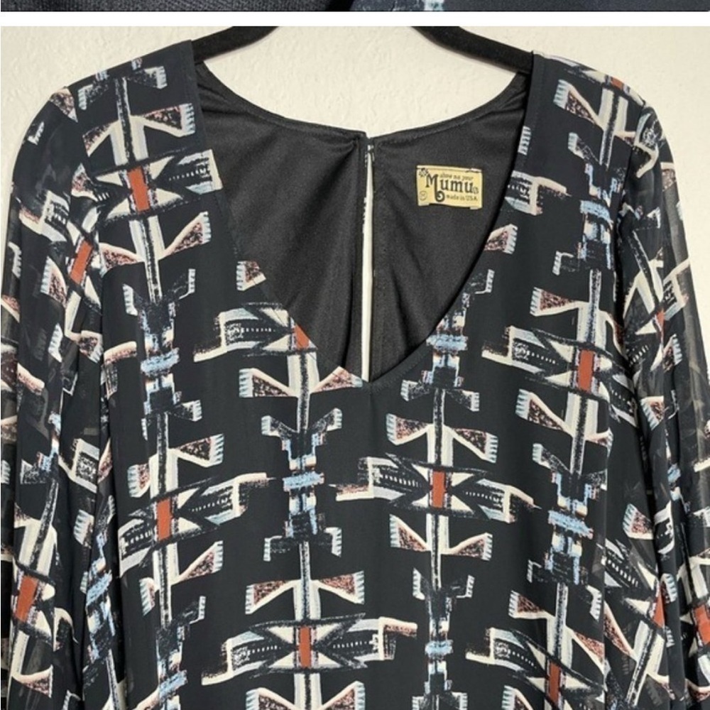 Show Me Your Mumu Black Geometric Tribal Print V-Neck‎ Long Sleeve Mini Dress M - Picture 7 of 9